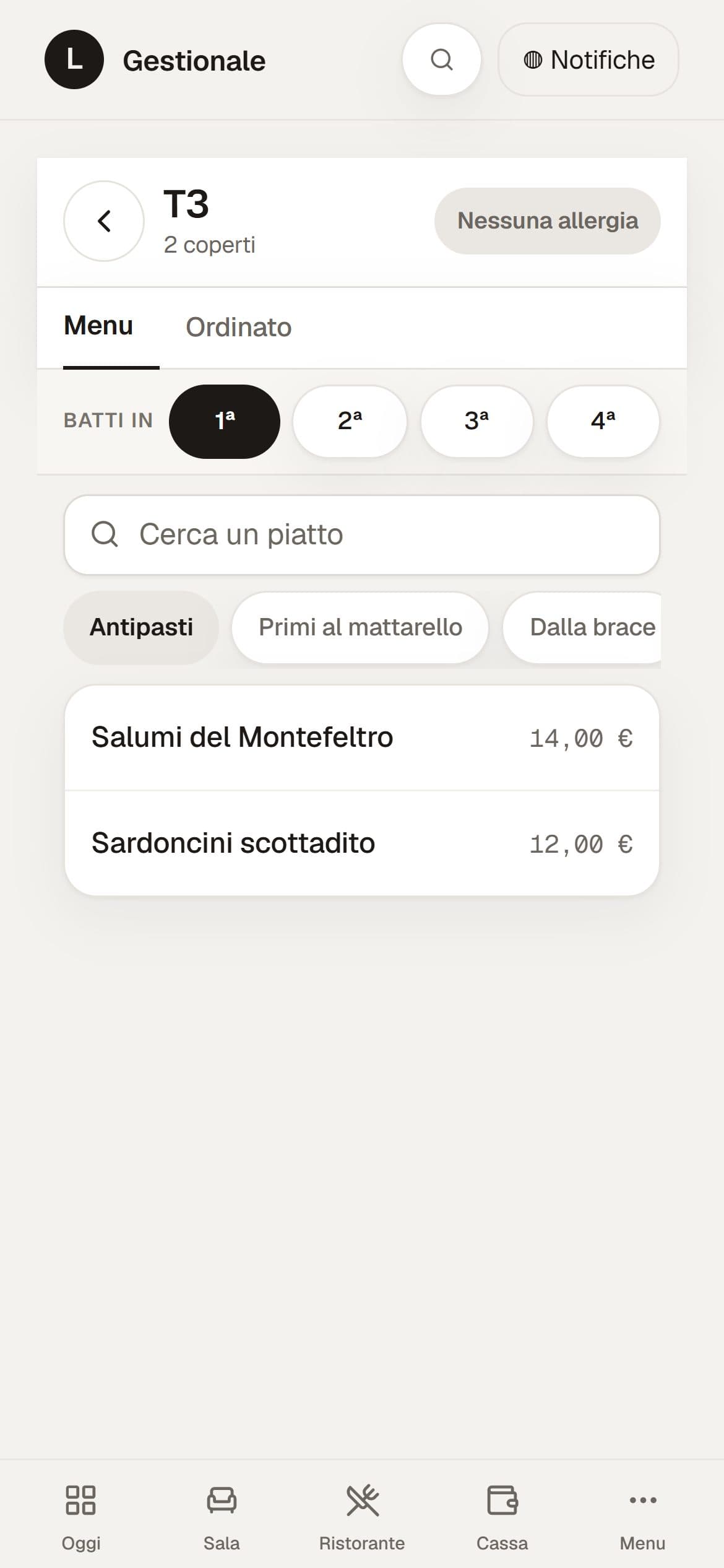 Il tavolo T3 sul telefono del cameriere