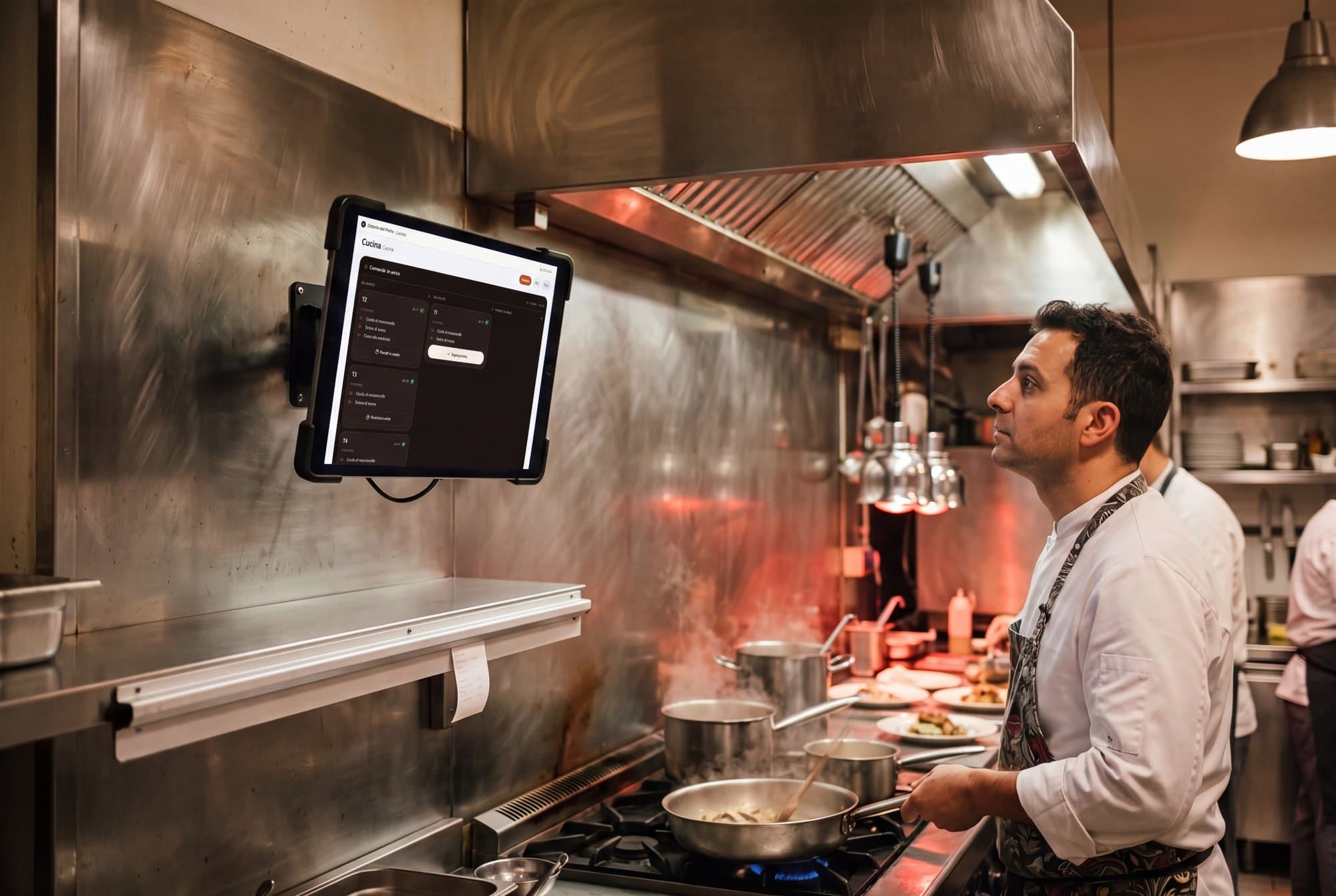 Il tablet della cucina al muro, sopra i fornelli
